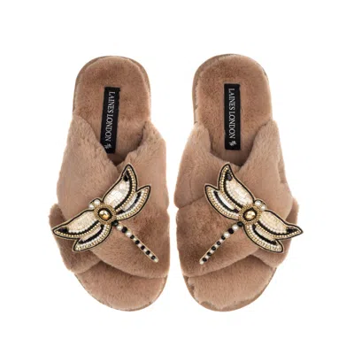 Laines London Women's Brown Classic Laines Slippers With Double Dragonfly Brooches - Toffee