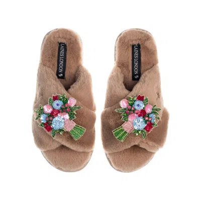 Laines London Women's Brown Classic Laines Slippers With Double Floral Bouquet Brooches - Toffee