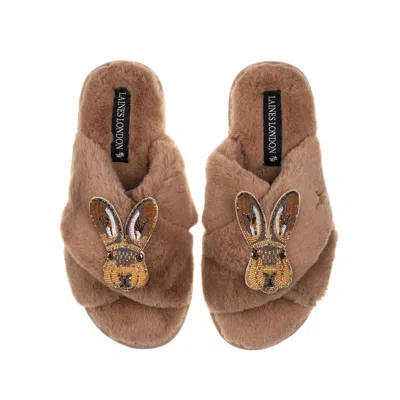 Laines London Women's Brown Classic Laines Slippers With Double Hare Brooches - Toffee