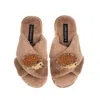 Laines London Women's Brown Classic Laines Slippers With Double Hedgehog Brooches - Toffee In Brown