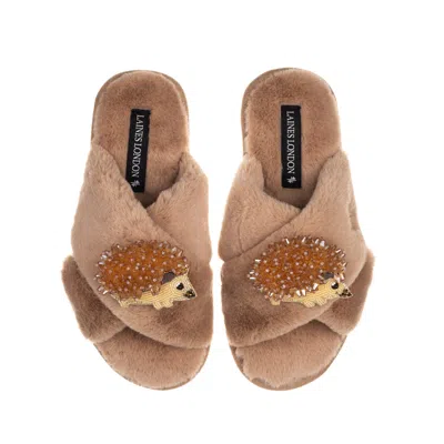 Laines London Women's Brown Classic Laines Slippers With Double Hedgehog Brooches - Toffee