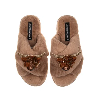 Laines London Women's Brown Classic Laines Slippers With Double Highland Cow Brooches - Toffee