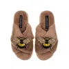 Laines London Women's Brown Classic Laines Slippers With Double Honey Bee Brooches - Toffee In Brown