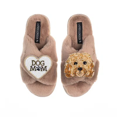 Laines London Women's Brown Classic Laines Slippers With Enki-doo & Dog Mum / Mom Brooches - Toffee