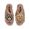 Laines London Women's Brown Classic Laines Slippers With Enki Doo The Cockapoo & Paw Brooches - Toffee In Brown
