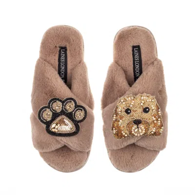 Laines London Women's Brown Classic Laines Slippers With Enki Doo The Cockapoo & Paw Brooches - Toffee