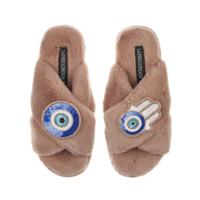 Laines London Women's Brown Classic Laines Slippers With Evil Eye & Hamsa Hand Brooches - Toffee