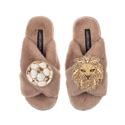 Laines London Women's Brown Classic Laines Slippers With Football & Lion Brooches - Toffee