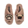 Laines London Women's Brown Classic Laines Slippers With Franki The Pug & Paw Brooches - Toffee In Brown