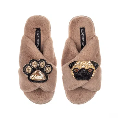 Laines London Women's Brown Classic Laines Slippers With Franki The Pug & Paw Brooches - Toffee