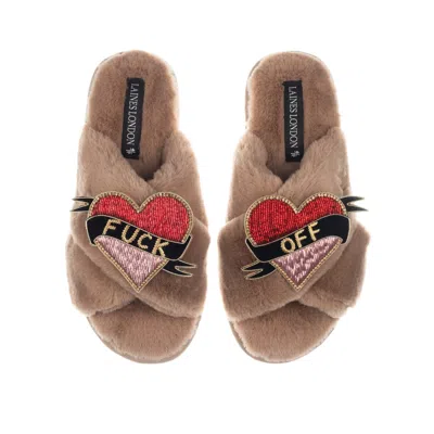 Laines London Women's Brown Classic Laines Slippers With Fuck Off Brooches - Toffee