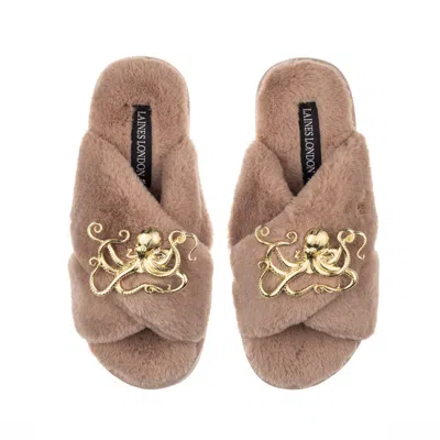 Laines London Women's Brown Classic Laines Slippers With Gold Metal Octopus Brooches - Toffee