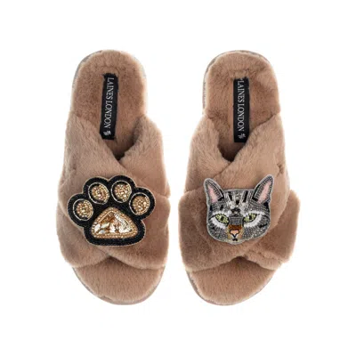 Laines London Women's Brown Classic Laines Slippers With Grey Pebbles Cat & Paw Brooches - Toffee