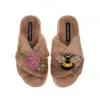 Laines London Women's Brown Classic Laines Slippers With Honey Bee & Pink Foxglove Flowers Brooches - Toffee In Brown