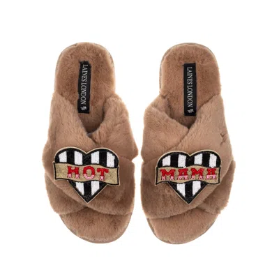 Laines London Women's Brown Classic Laines Slippers With Mother's Day Hot Mama Brooches - Toffee
