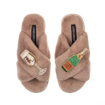 Laines London Women's Brown Classic Laines Slippers With Laines Champers & Glass Brooches - Toffee