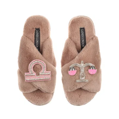 Laines London Women's Brown Classic Laines Slippers With Libra Zodiac Brooches - Toffee