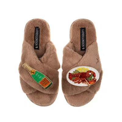 Laines London Women's Brown Classic Laines Slippers With Lobster Platter & Champagne Brooches - Toffee