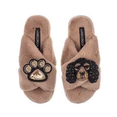 Laines London Women's Brown Classic Laines Slippers With Louie The King Charles & Paw Brooches - Toffee