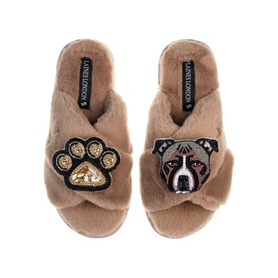 Laines London Women's Brown Classic Laines Slippers With Luna-rose Staffy & Paw Brooches - Toffee