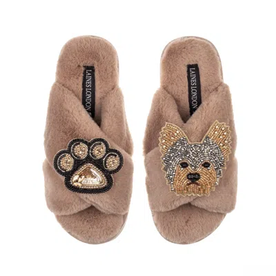 Laines London Women's Brown Classic Laines Slippers With Minnie The Yorkie & Paw Brooches - Toffee