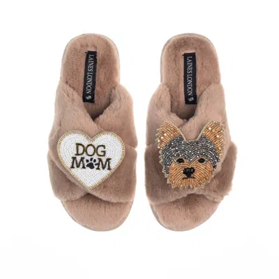 Laines London Women's Brown Classic Laines Slippers With Minnie Yorkie & Dog Mum / Mom Brooches - Toffee
