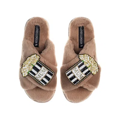 Laines London Women's Brown Classic Laines Slippers With Mothers Day Double Mum Bouquet Brooches - Toffee