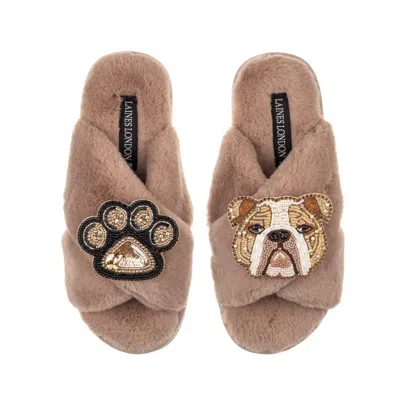 Laines London Women's Brown Classic Laines Slippers With Mr Beefy The Bulldog & Paw Brooches - Toffee