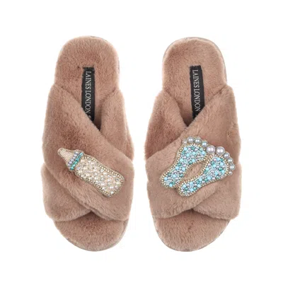 Laines London Women's Brown Classic Laines Slippers With New Baby Boy Brooches - Toffee