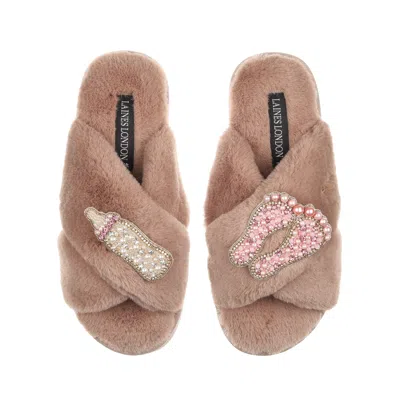 Laines London Women's Brown Classic Laines Slippers With New Baby Girl Brooches - Toffee