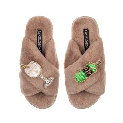Laines London Women's Brown Classic Laines Slippers With Original Gin & Glass Brooches - Toffee