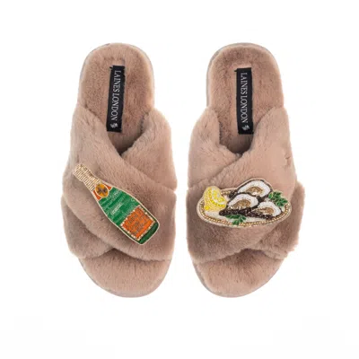 Laines London Women's Brown Classic Laines Slippers With Oysters & Champers Bottle - Toffee