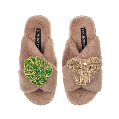 Laines London Women's Brown Classic Laines Slippers With Palm Leaf & Gold Elephant Brooches -toffee