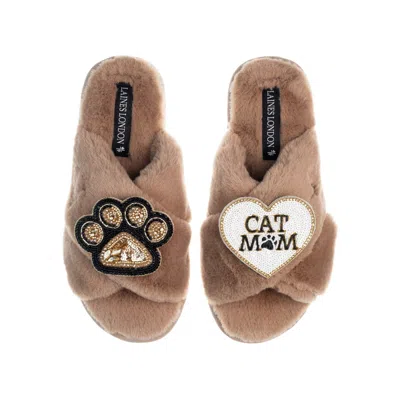 Laines London Women's Brown Classic Laines Slippers With Paw & Cat Mum / Mom Brooches - Toffee