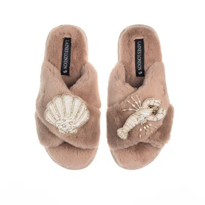Laines London Women's Brown Classic Laines Slippers With Pearl Beaded Lobster & Shell Brooches - Toffee