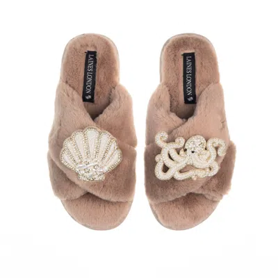 Laines London Women's Brown Classic Laines Slippers With Pearl Beaded Octopus & Shell Brooches - Toffee