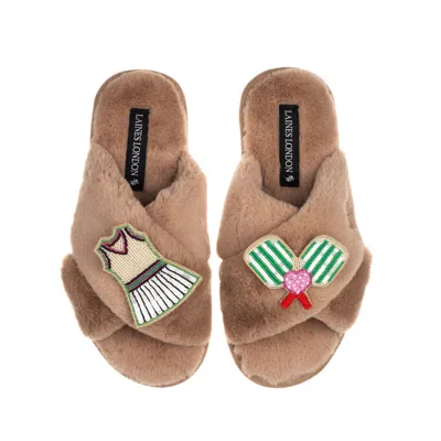 Laines London Women's Brown Classic Laines Slippers With Pickle Ball Brooches - Toffee