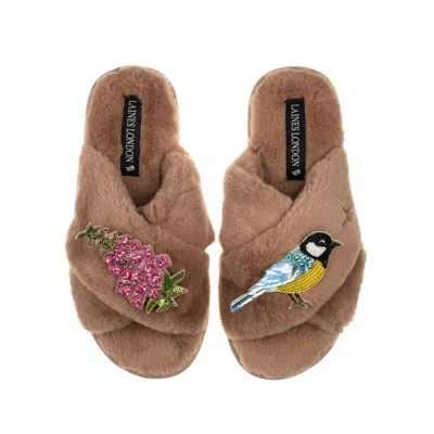 Laines London Women's Brown Classic Laines Slippers With Pink Foxglove Flowers & Blue Tit Brooches - Toffee