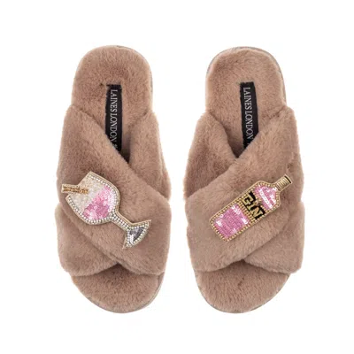 Laines London Women's Brown Classic Laines Slippers With Pink Gin & Glass Brooches - Toffee