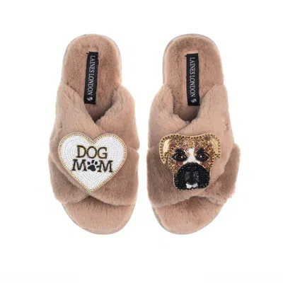 Laines London Women's Brown Classic Laines Slippers With Pip The Boxer & Dog Mum / Mom Brooches - Toffee