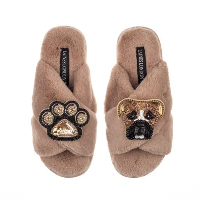 Laines London Women's Brown Classic Laines Slippers With Pip The Boxer & Paw Brooches - Toffee