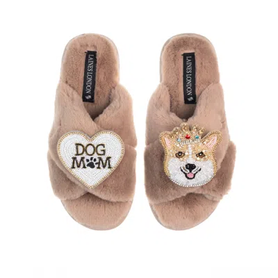 Laines London Women's Brown Classic Laines Slippers With Royal Corgi & Dog Mum / Mom Brooches - Toffee