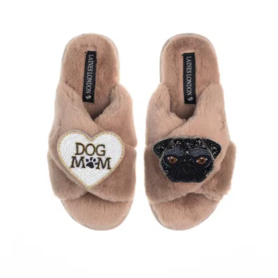 Laines London Women's Brown Classic Laines Slippers With Snoopy Pug & Dog Mum / Mom Brooches - Toffee