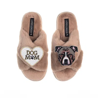 Laines London Women's Brown Classic Laines Slippers With Staffy & Dog Mum / Mom Brooches - Toffee