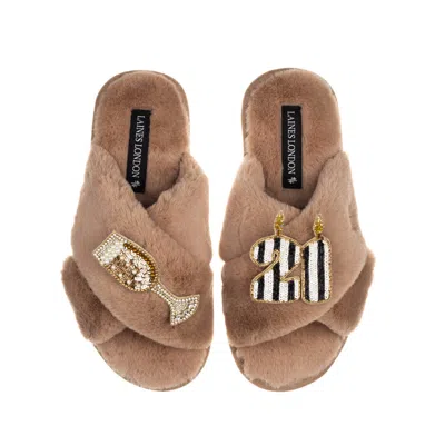 Laines London Women's Brown Classic Laines Slippers With Stripe 21st Birthday & Glass Of Champagne Brooches - Toff
