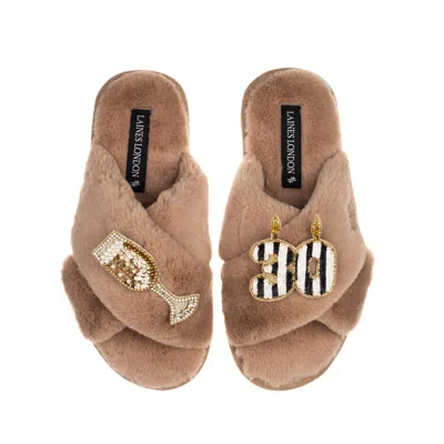 Laines London Women's Brown Classic Laines Slippers With Stripe 30th Birthday & Glass Of Champagne Brooches - Toff