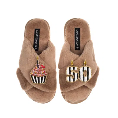 Laines London Women's Brown Classic Laines Slippers With Stripe 50th Birthday & Cake Brooches - Toffee