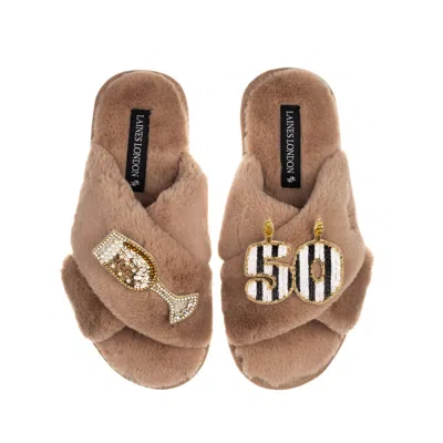 Laines London Women's Brown Classic Laines Slippers With Stripe 50th Birthday & Glass Of Champagne Brooches - Toff