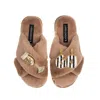 Laines London Women's Brown Classic Laines Slippers With Stripe 60th Birthday & Glass Of Champagne Brooches - Toff In Brown