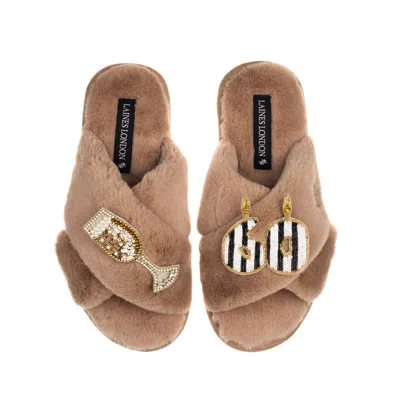 Laines London Women's Brown Classic Laines Slippers With Stripe 60th Birthday & Glass Of Champagne Brooches - Toff